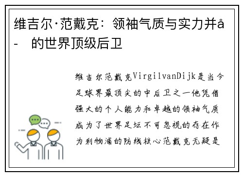 维吉尔·范戴克：领袖气质与实力并存的世界顶级后卫